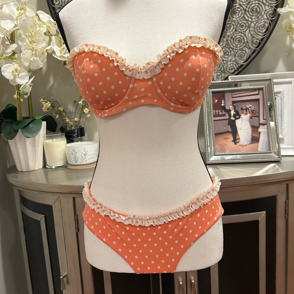 Victoria's Secret Other - Victoria's Secret Orange Polka Dot Ruffle Bandeau Bra & Bikini Set #225